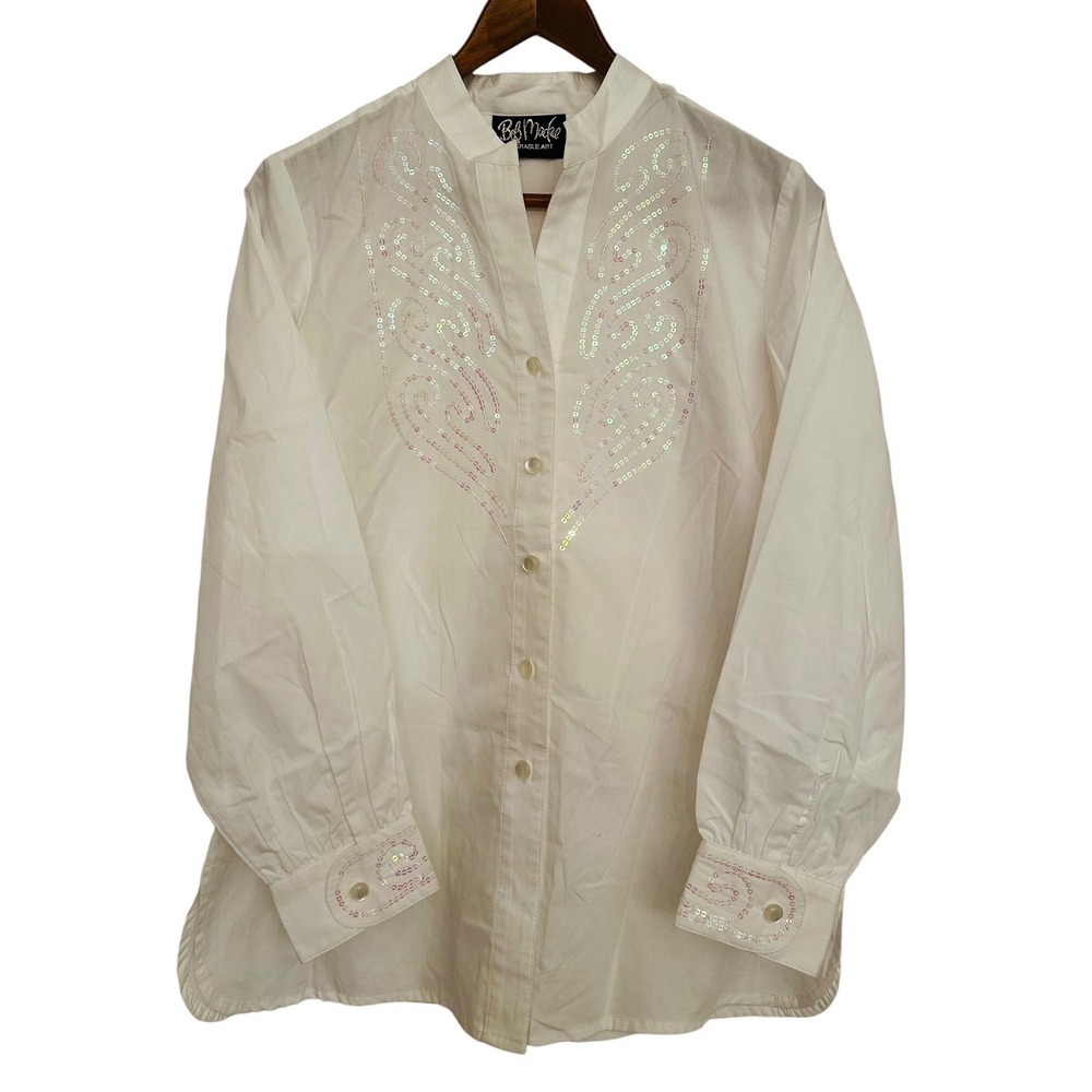 Bob Mackie Wearable Art White Sequin Scroll Blouse Shirt Cowgirl Women's Sz XS